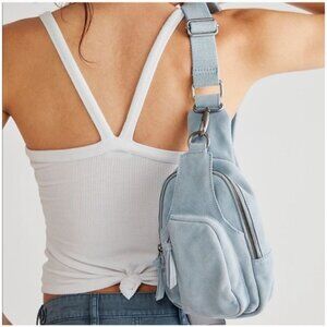 Free People Blue Leather Mini Sling Backpack Crossbody Tassel Adjustable Strap